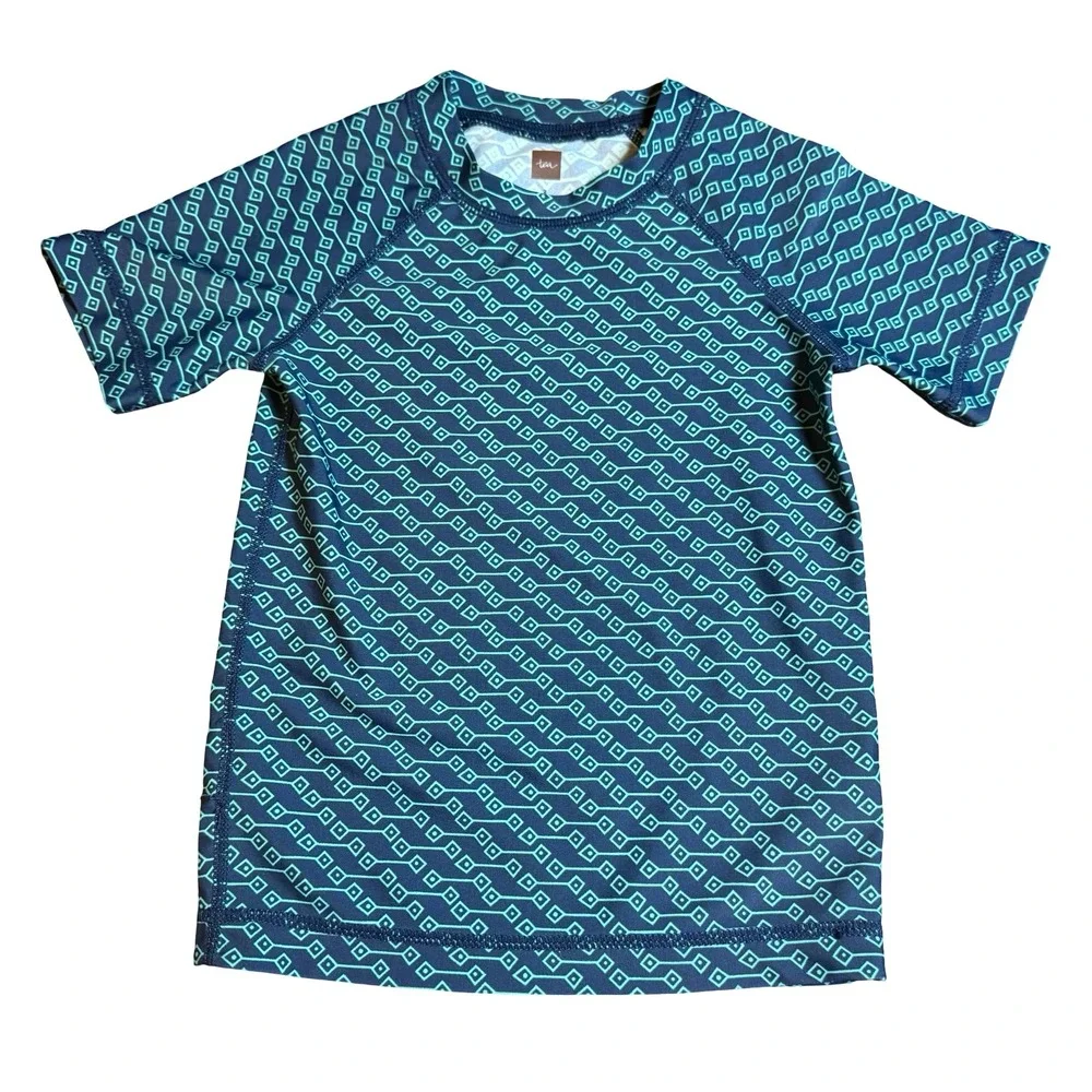 Tea Collection Kids Teal Navy Geometric Diamond Rash Guard Swim Shirt Size 3